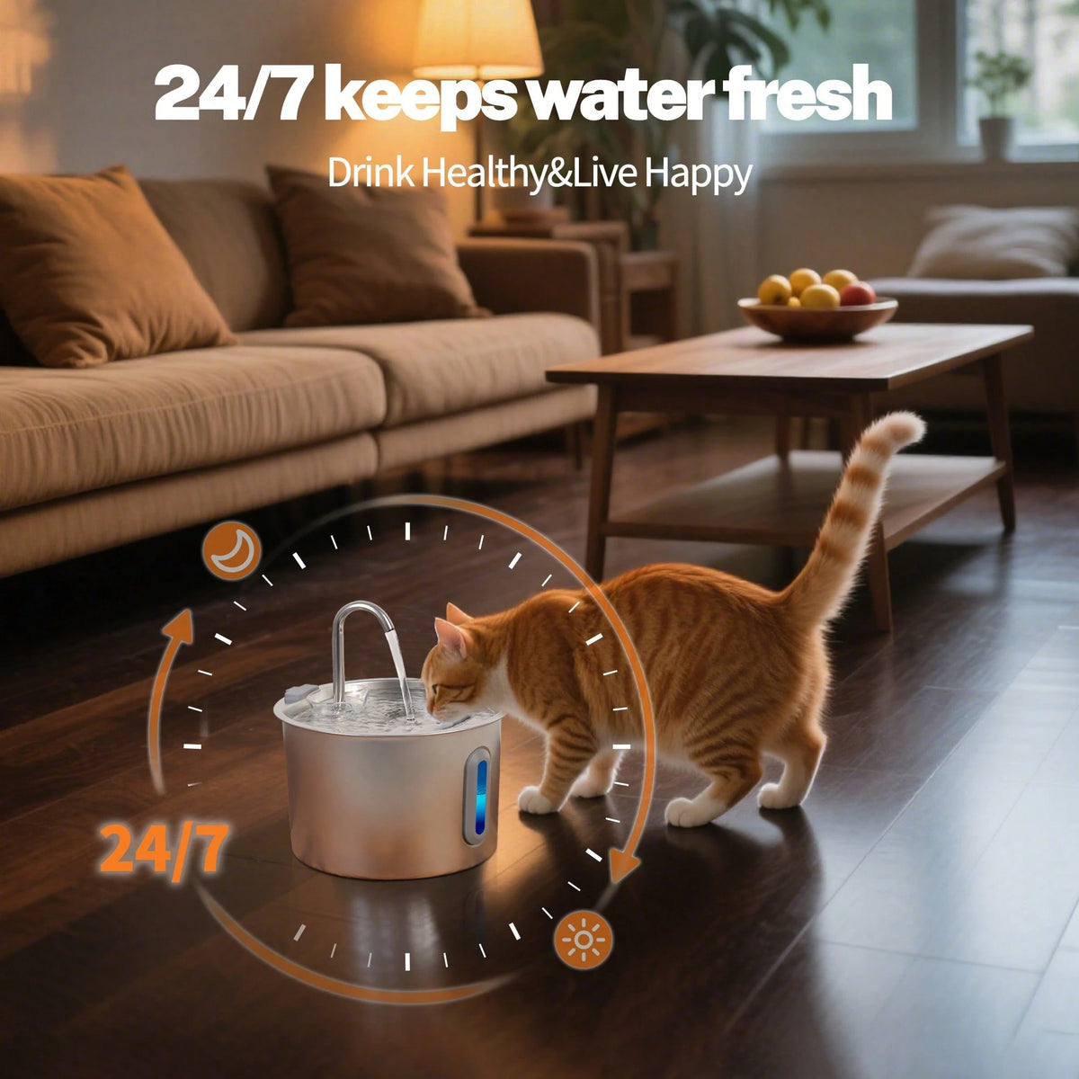 Stainless Steel Cat Water Fountain 2.2L Automatic Pet Water Dispenser (With 4 filters)