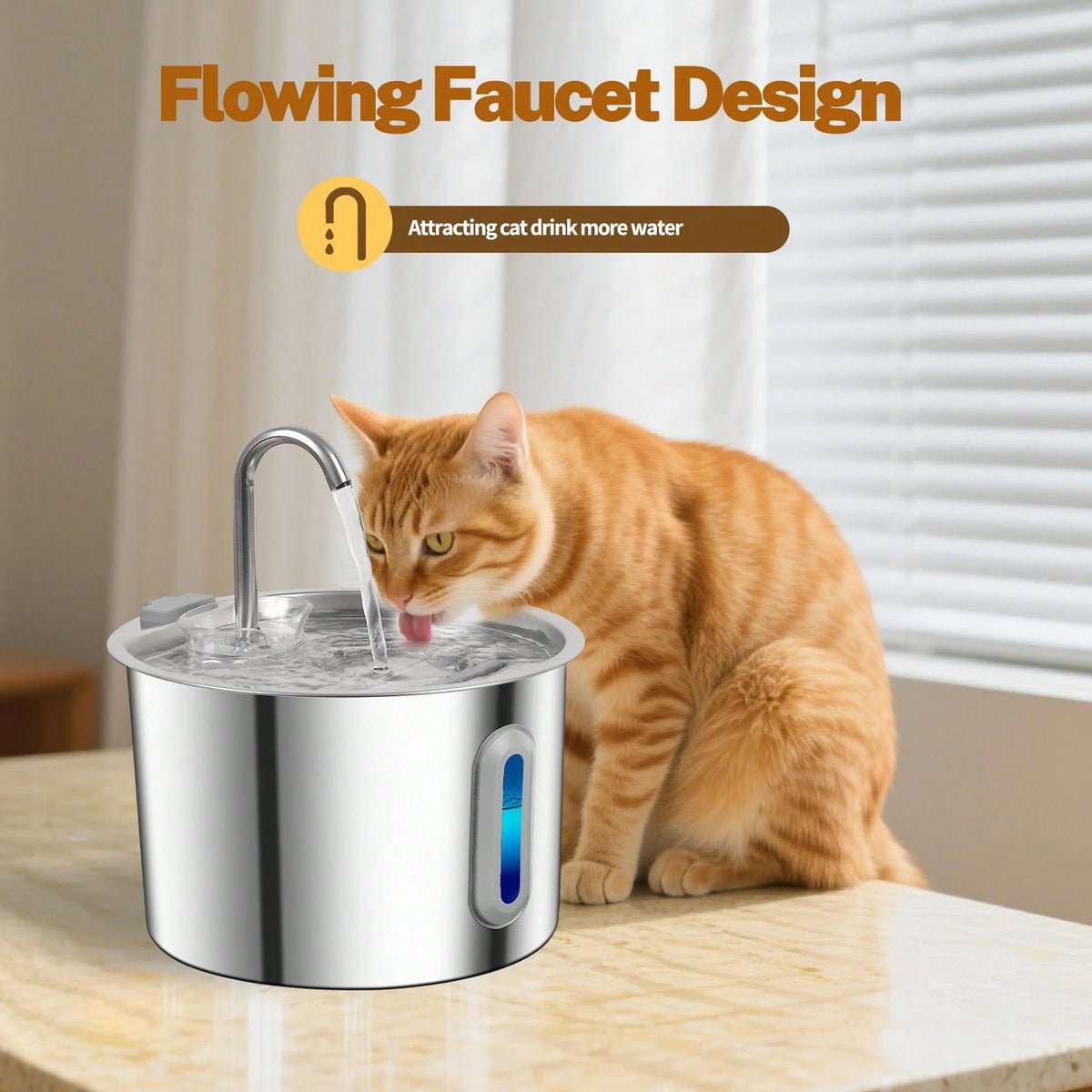 Stainless Steel Cat Water Fountain 2.2L Automatic Pet Water Dispenser (With 4 filters)