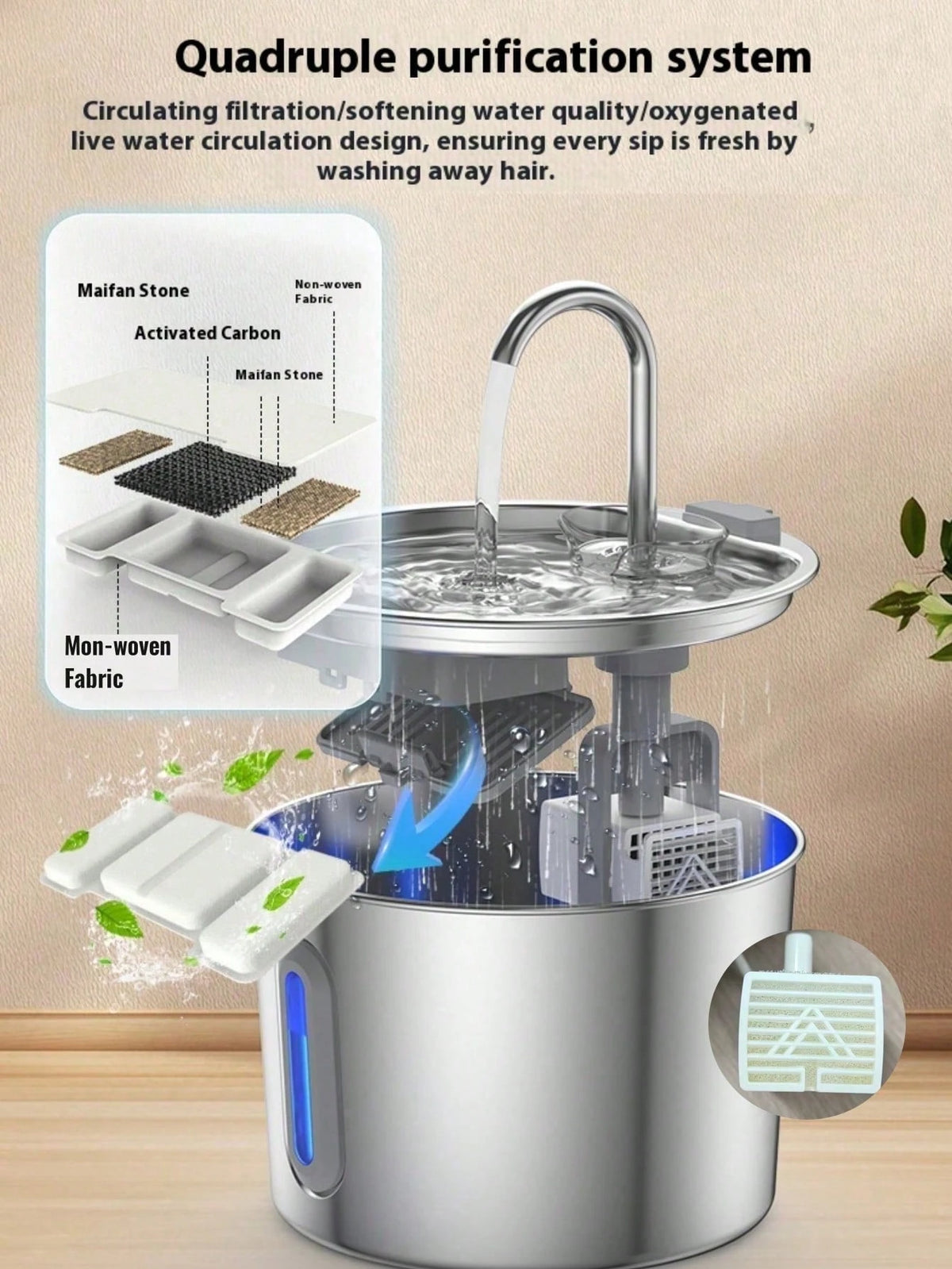 Stainless Steel Cat Water Fountain 2.2L Automatic Pet Water Dispenser (With 4 filters)