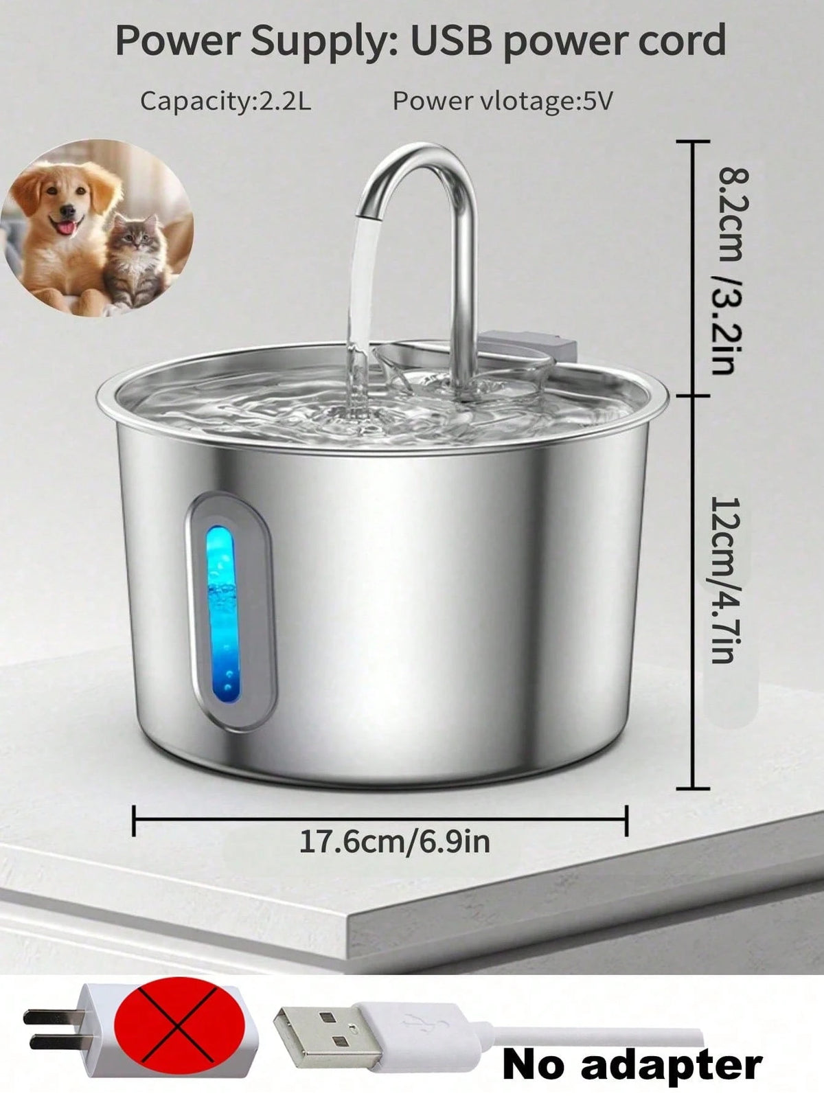 Stainless Steel Cat Water Fountain 2.2L Automatic Pet Water Dispenser (With 4 filters)