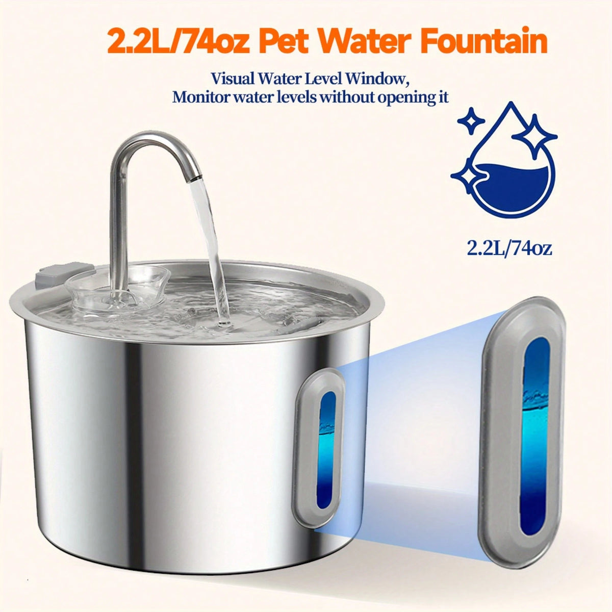 Stainless Steel Cat Water Fountain 2.2L Automatic Pet Water Dispenser (With 4 filters)