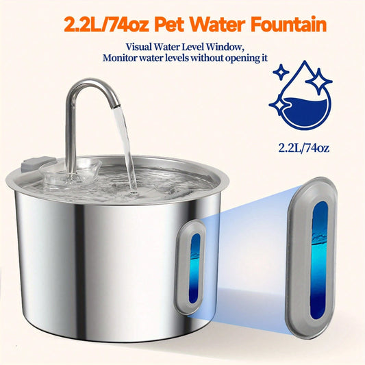 Stainless Steel Cat Water Fountain 2.2L Automatic Pet Water Dispenser (With 4 filters)