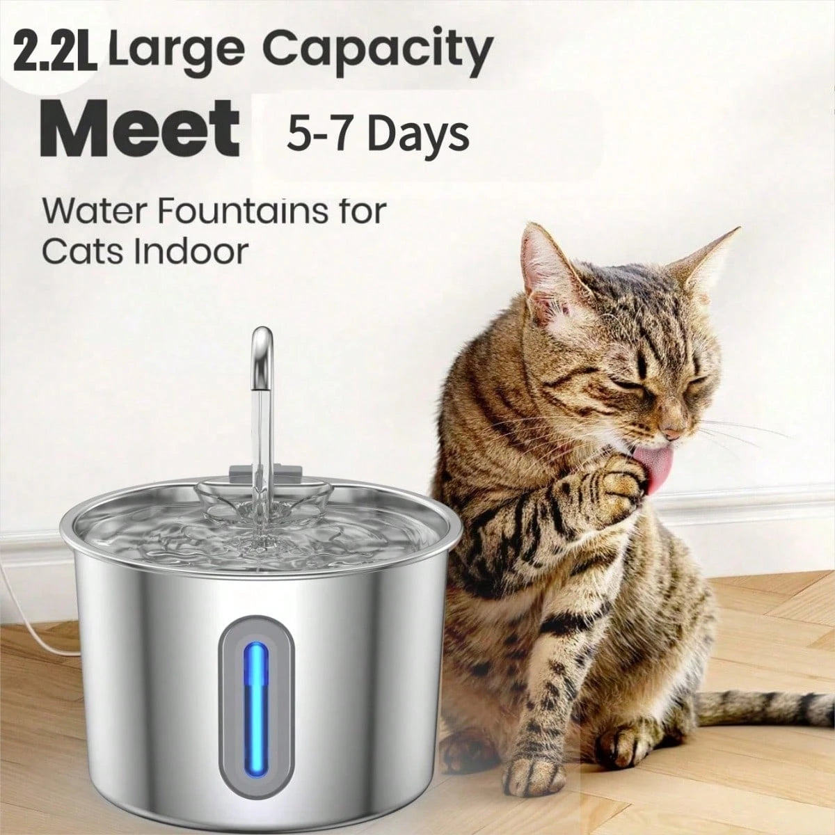 Stainless Steel Cat Water Fountain 2.2L Automatic Pet Water Dispenser (With 4 filters)