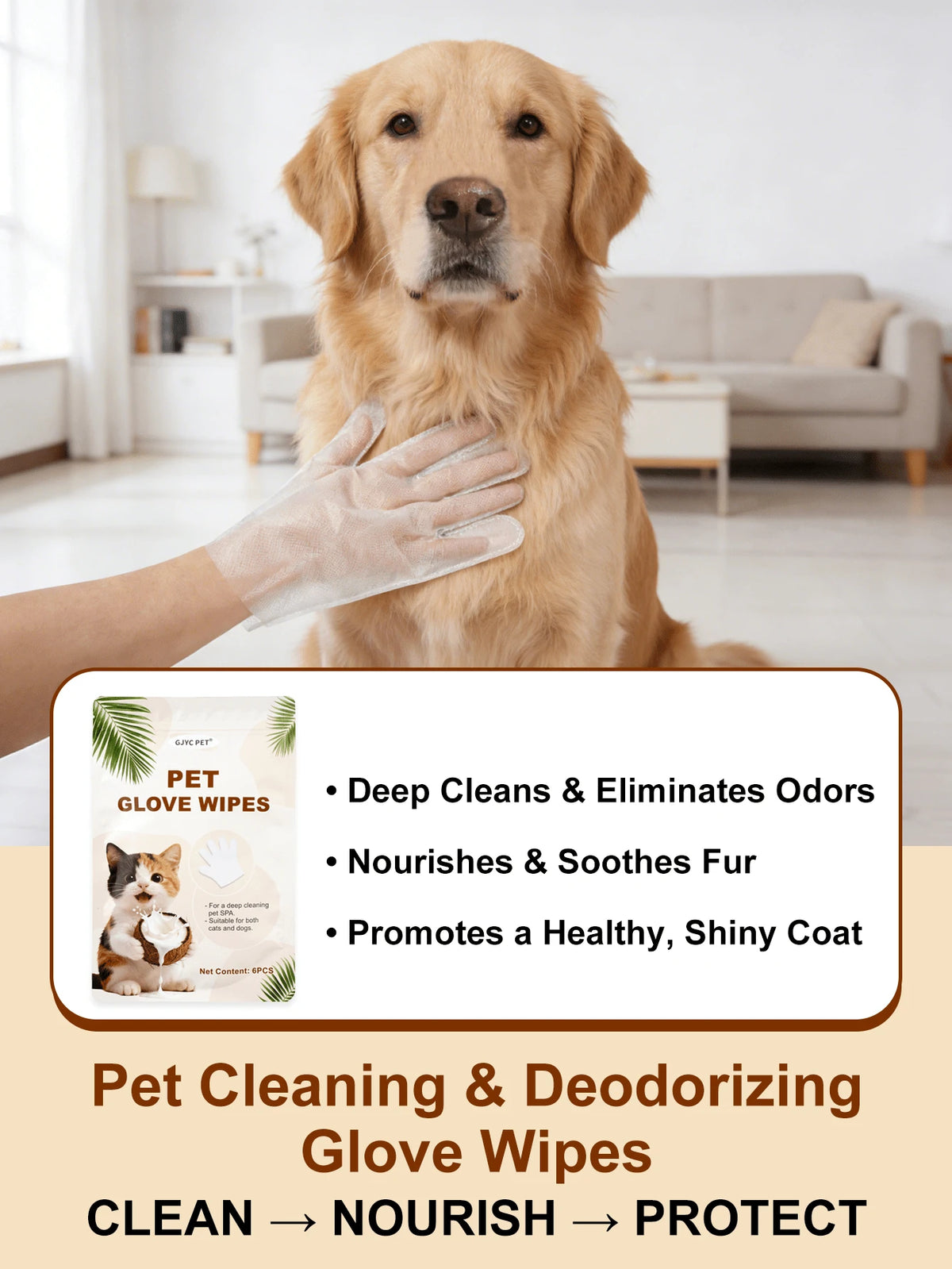 Pet Deodorizing Glove Wipes – Coconut Scent for Dogs & Cats