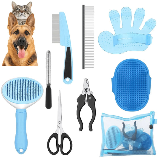 9-Piece Dog Grooming Kit with Self-Cleaning Slicker Brush, Nail Clippers & Deshedding Tools