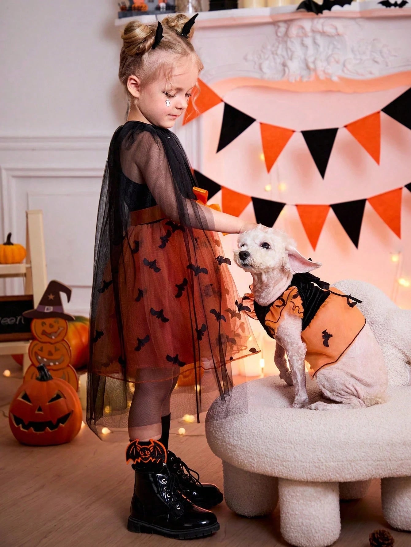 Halloween Bat Dog Costume – Orange Tulle Dress with Bow