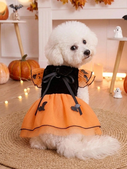 Halloween Bat Dog Costume – Orange Tulle Dress with Bow