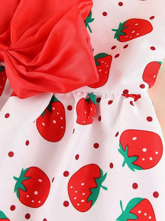 Strawberry Print Dog Dress with Bow – Cute Holiday Pet Outfit