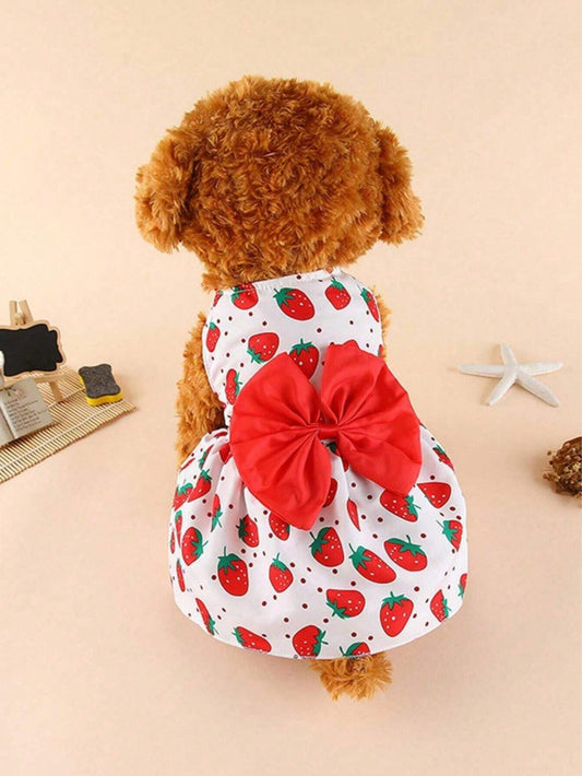 Strawberry Print Dog Dress with Bow – Cute Holiday Pet Outfit