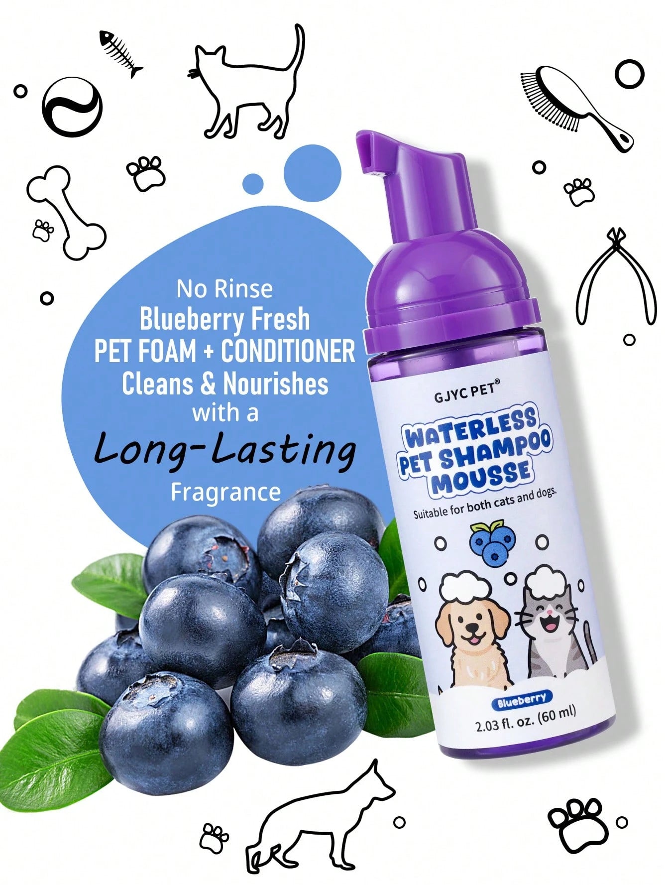 5-in-1 Waterless Pet Shampoo Mousse | Blueberry Scent for Dogs & Cats