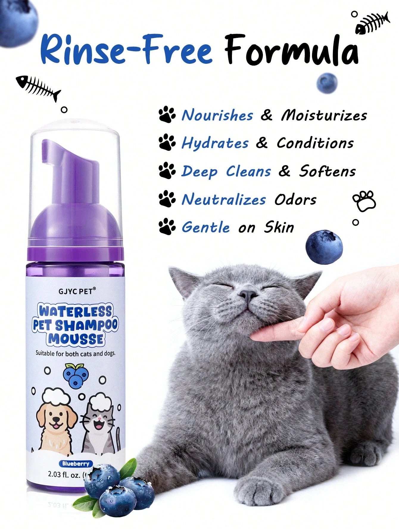 5-in-1 Waterless Pet Shampoo Mousse | Blueberry Scent for Dogs & Cats