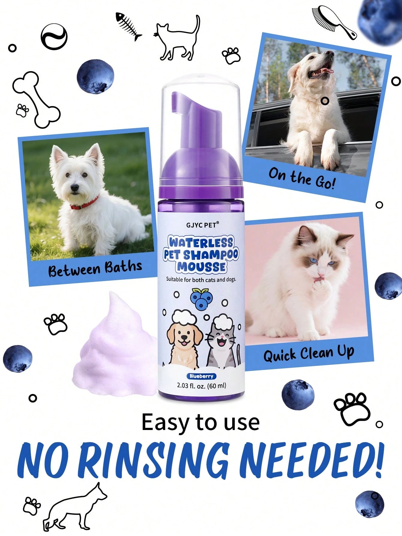 5-in-1 Waterless Pet Shampoo Mousse | Blueberry Scent for Dogs & Cats