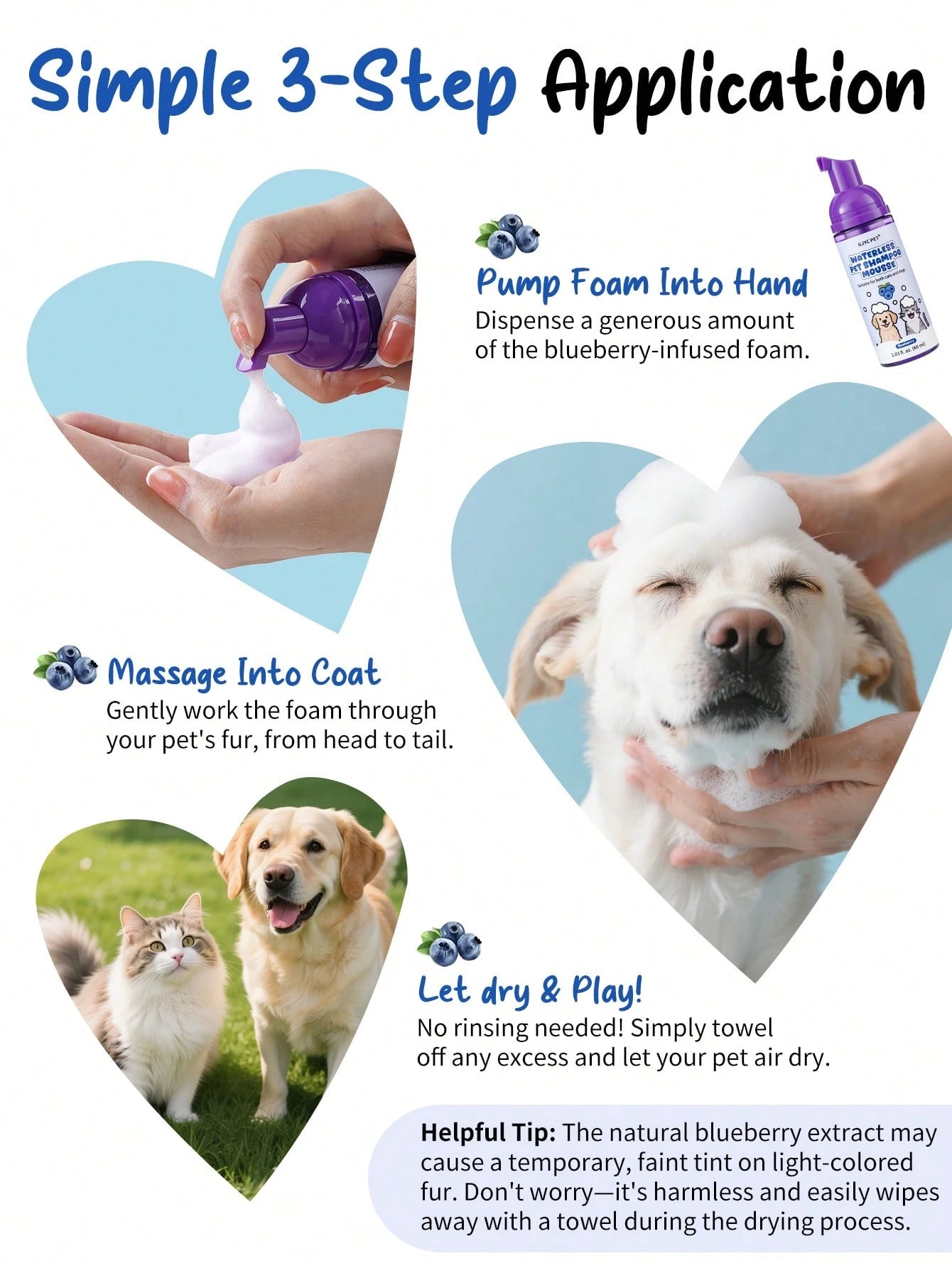 5-in-1 Waterless Pet Shampoo Mousse | Blueberry Scent for Dogs & Cats