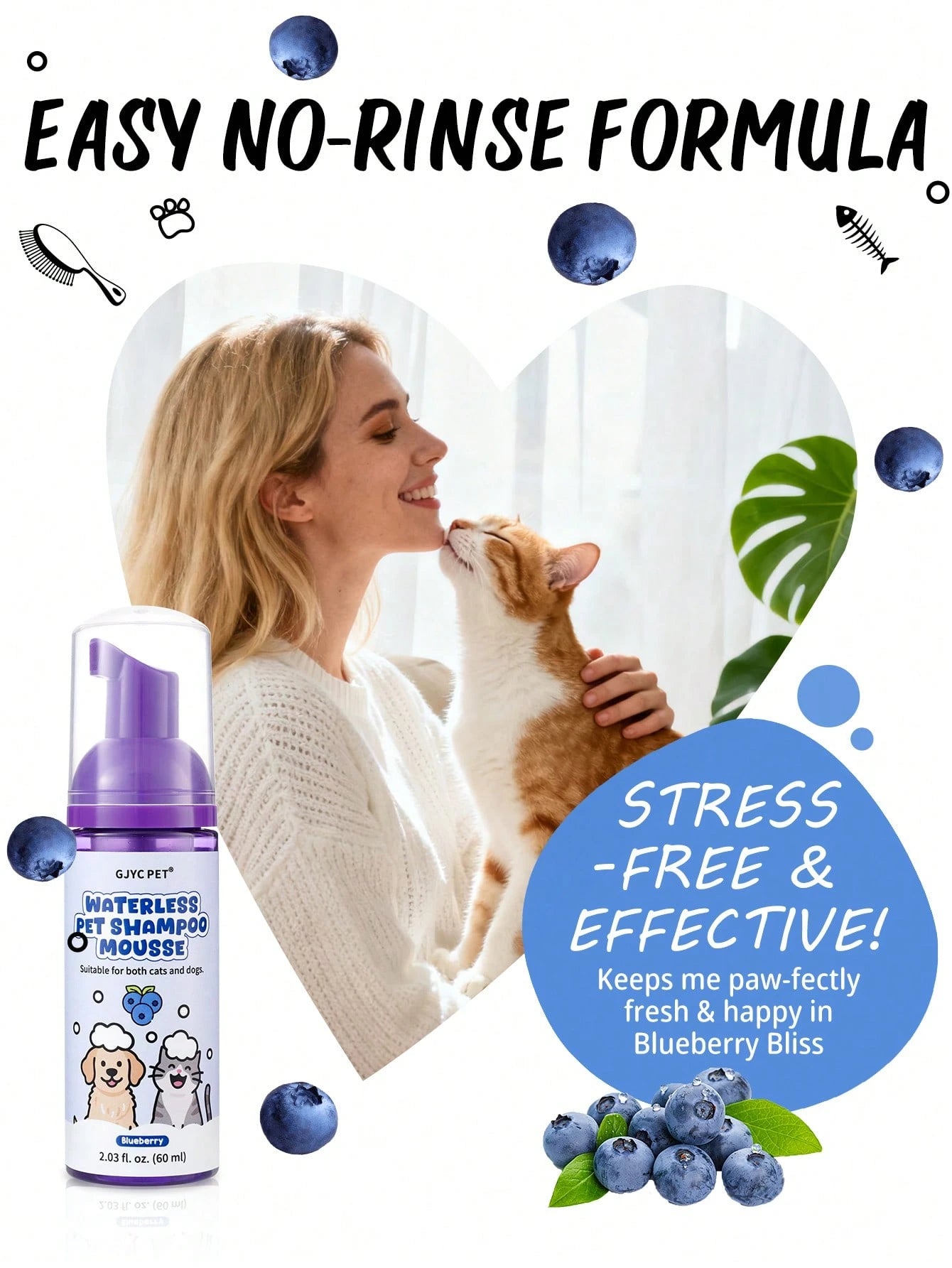 5-in-1 Waterless Pet Shampoo Mousse | Blueberry Scent for Dogs & Cats