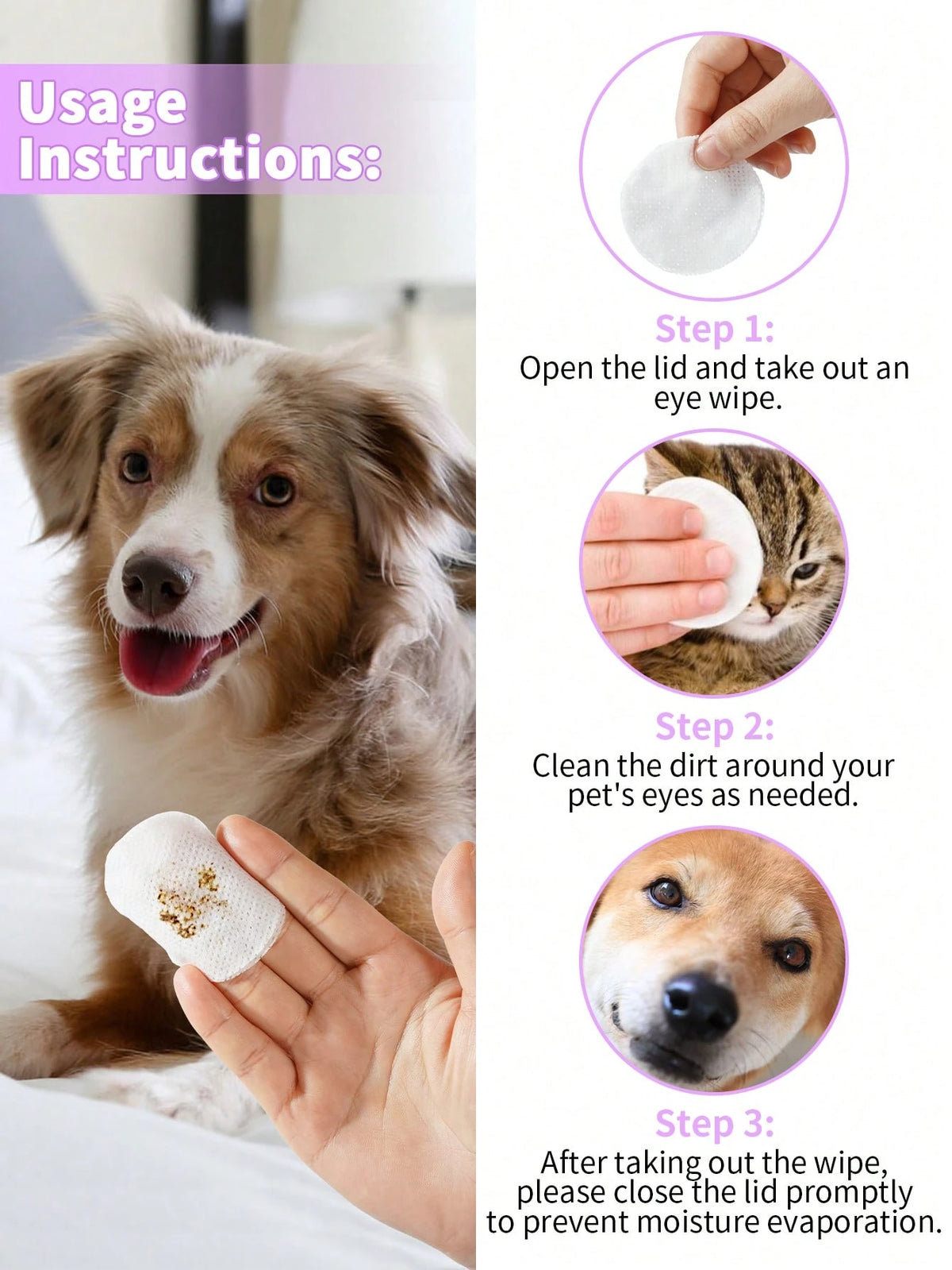 Pet Eye Wipes for Dogs & Cats – Tear Stain Cleaning Wipes (60 pieces)
