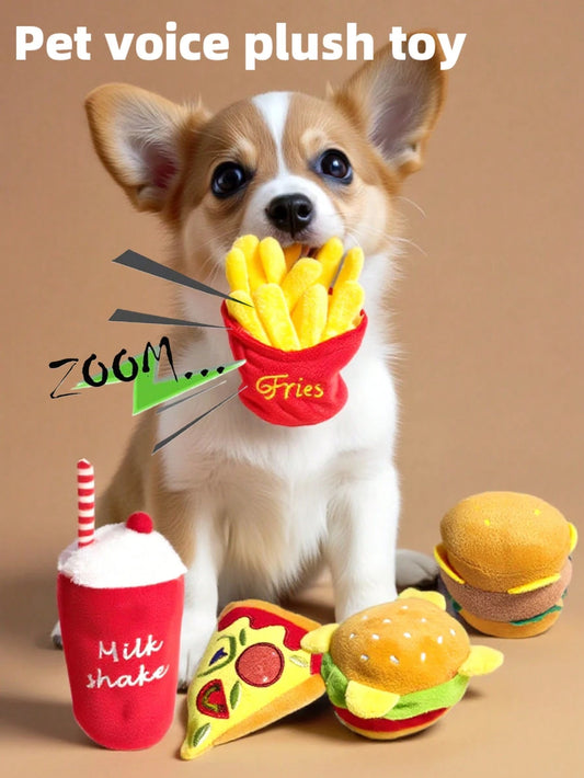 Plush Squeaky Dog Toy Set | Hamburger, Pizza & Milkshake Interactive Pet Toys