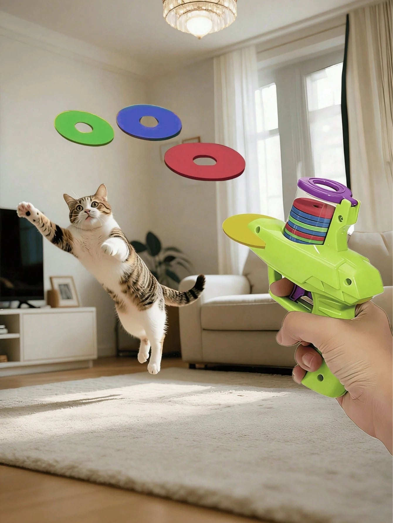 Interactive Cat Toy Launcher with Foam Discs | Battery-Free Indoor Cat Toy