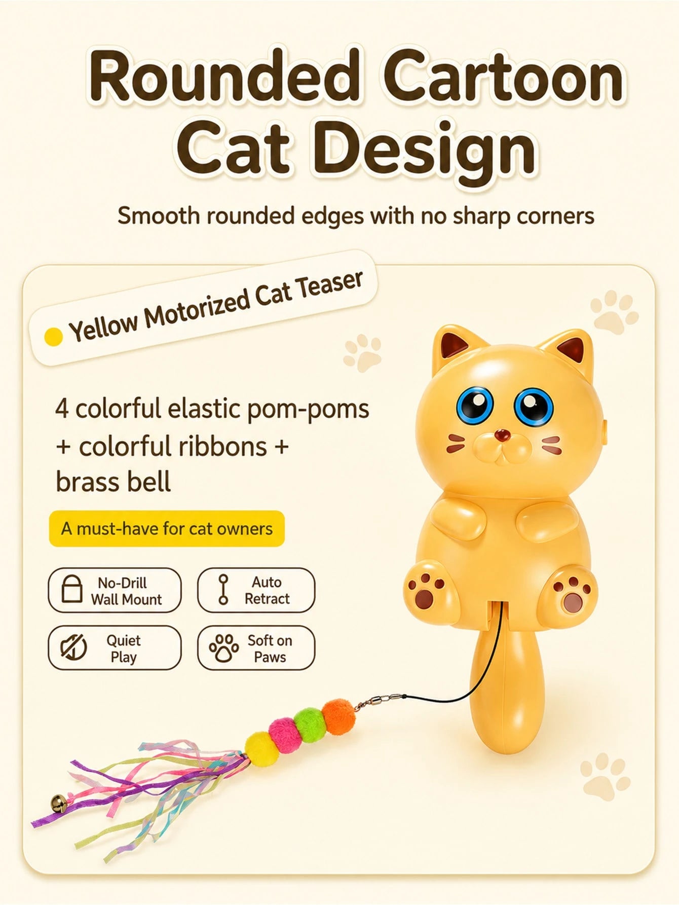 Automatic Wall-Mounted Cat Teaser Toy – Interactive Fur Ball, Ribbon & Bell