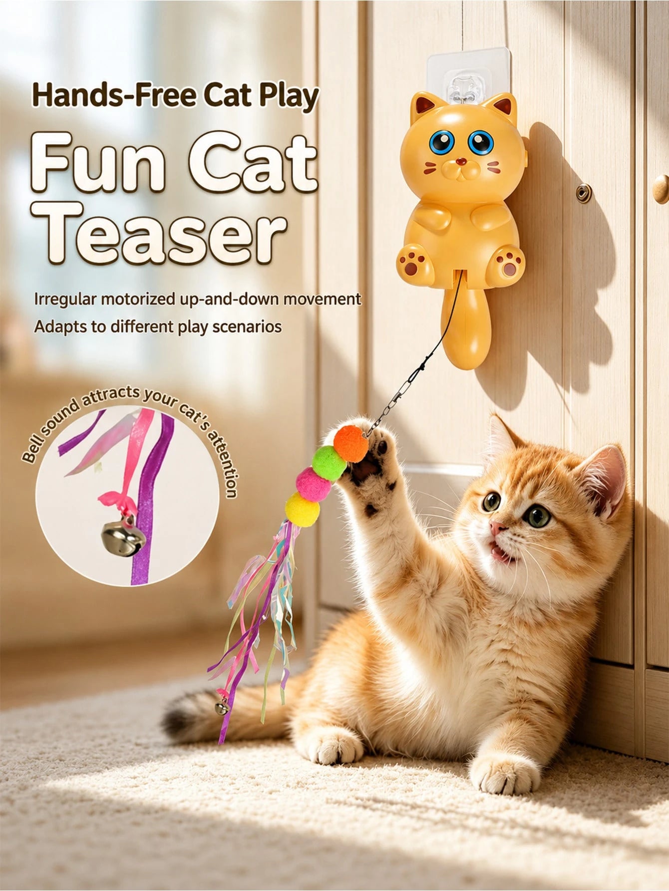 Automatic Wall-Mounted Cat Teaser Toy – Interactive Fur Ball, Ribbon & Bell