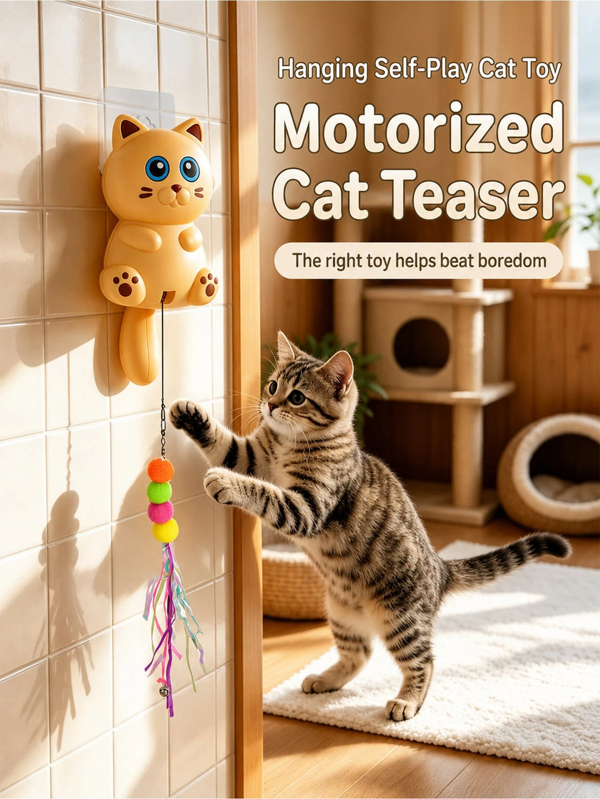 Automatic Wall-Mounted Cat Teaser Toy – Interactive Fur Ball, Ribbon & Bell