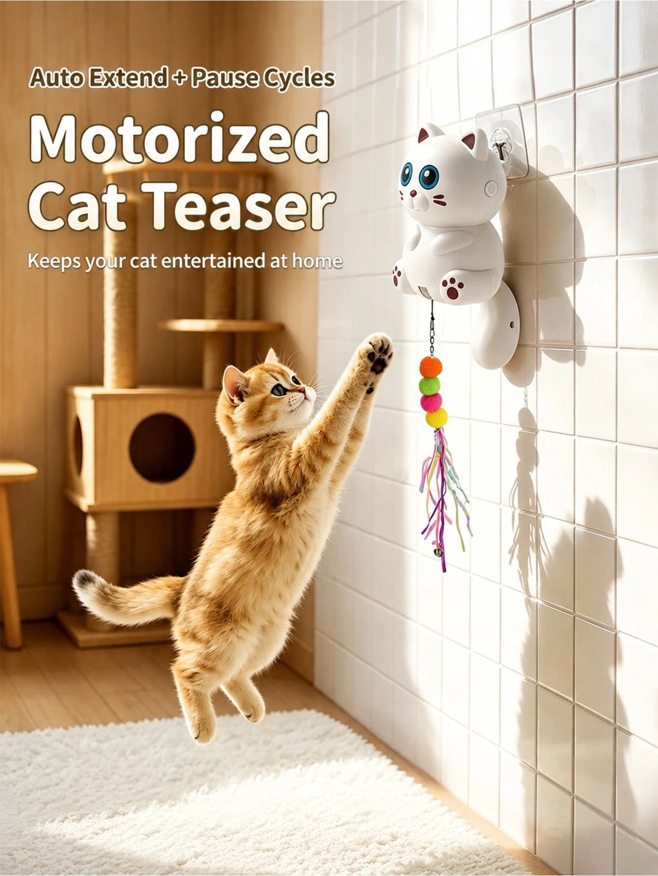 Automatic Wall-Mounted Cat Teaser Toy – Interactive Fur Ball, Ribbon & Bell