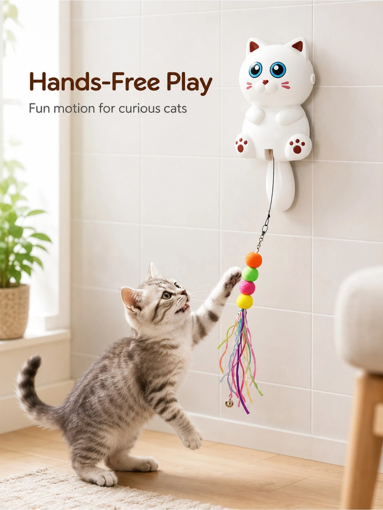 Automatic Wall-Mounted Cat Teaser Toy – Interactive Fur Ball, Ribbon & Bell
