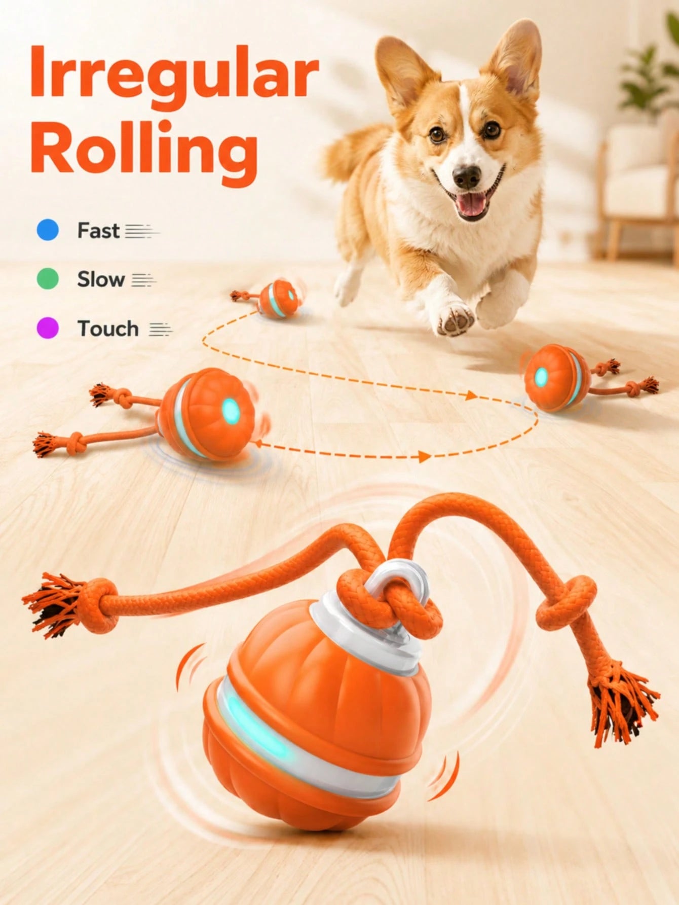 Interactive Automatic Dog Ball with Rope – Motion-Sensing Rechargeable Toy