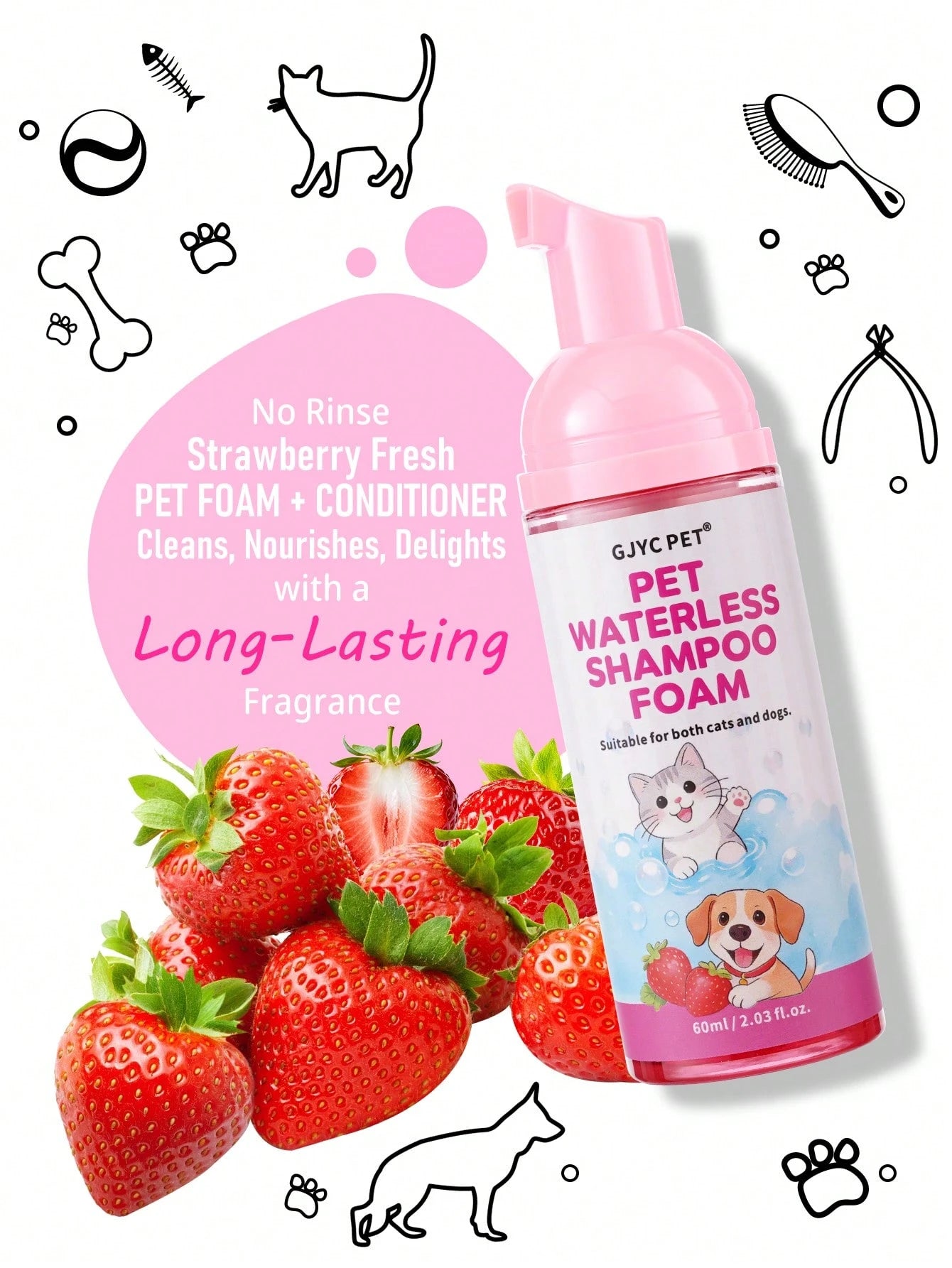 5-in-1 Waterless Pet Shampoo Mousse | Strawberry Scent for Dogs & Cats