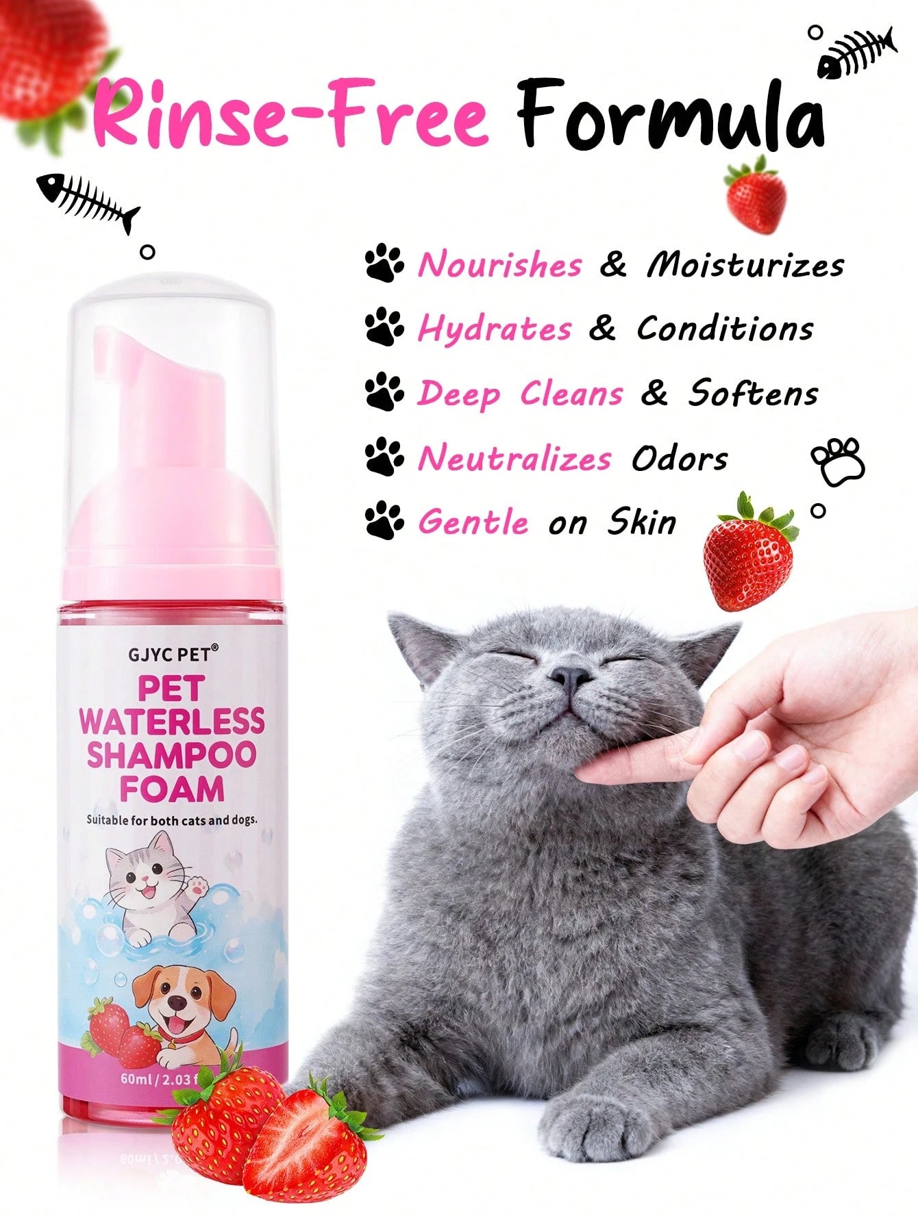 5-in-1 Waterless Pet Shampoo Mousse | Strawberry Scent for Dogs & Cats