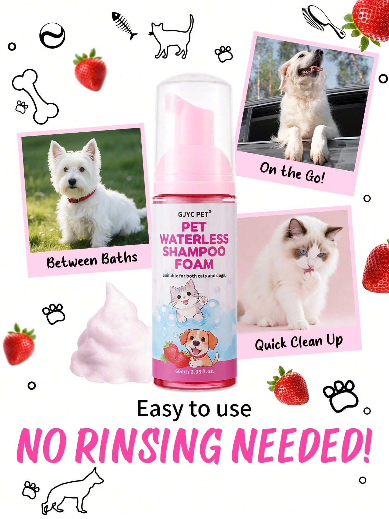5-in-1 Waterless Pet Shampoo Mousse | Strawberry Scent for Dogs & Cats