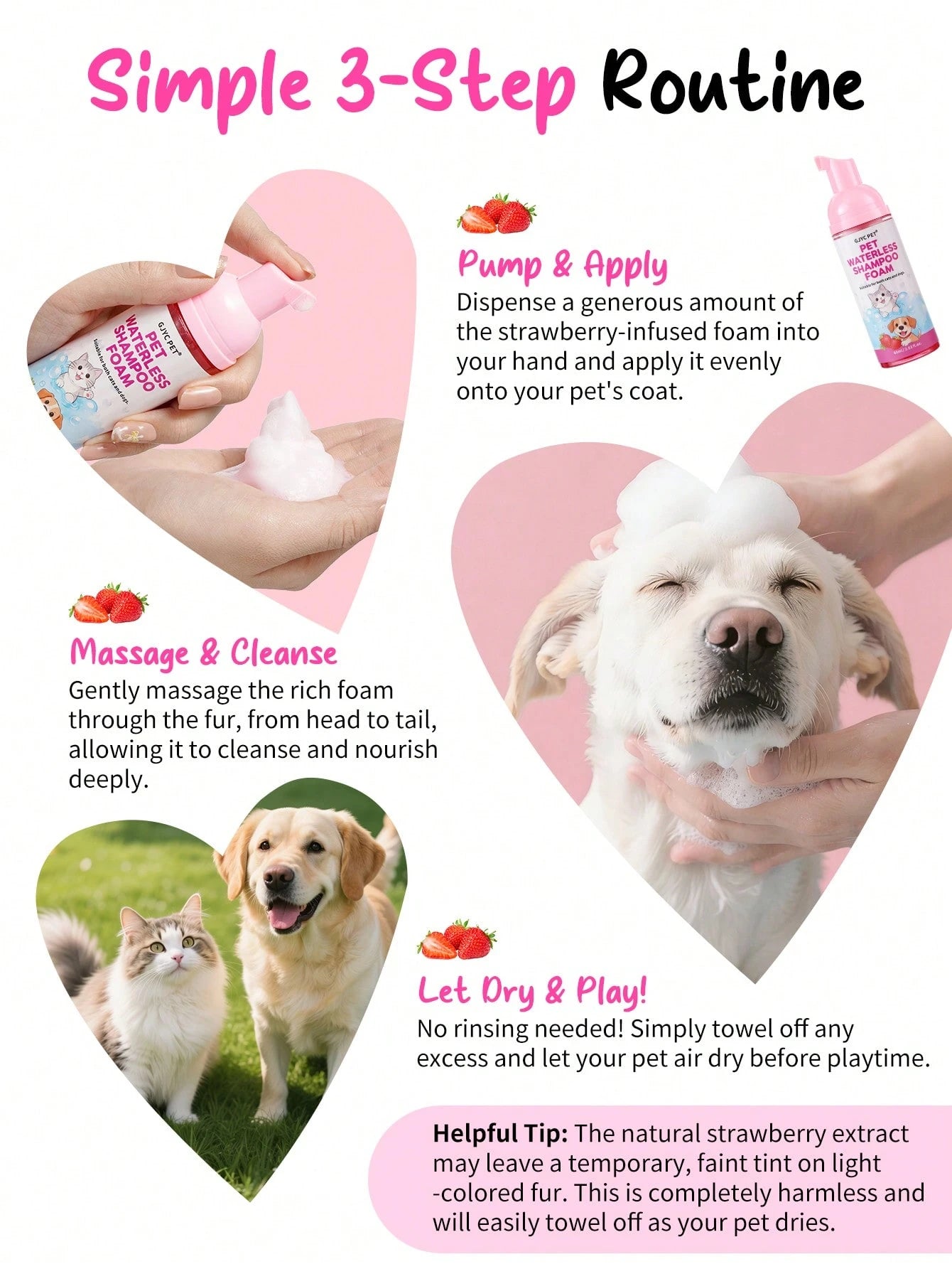 5-in-1 Waterless Pet Shampoo Mousse | Strawberry Scent for Dogs & Cats