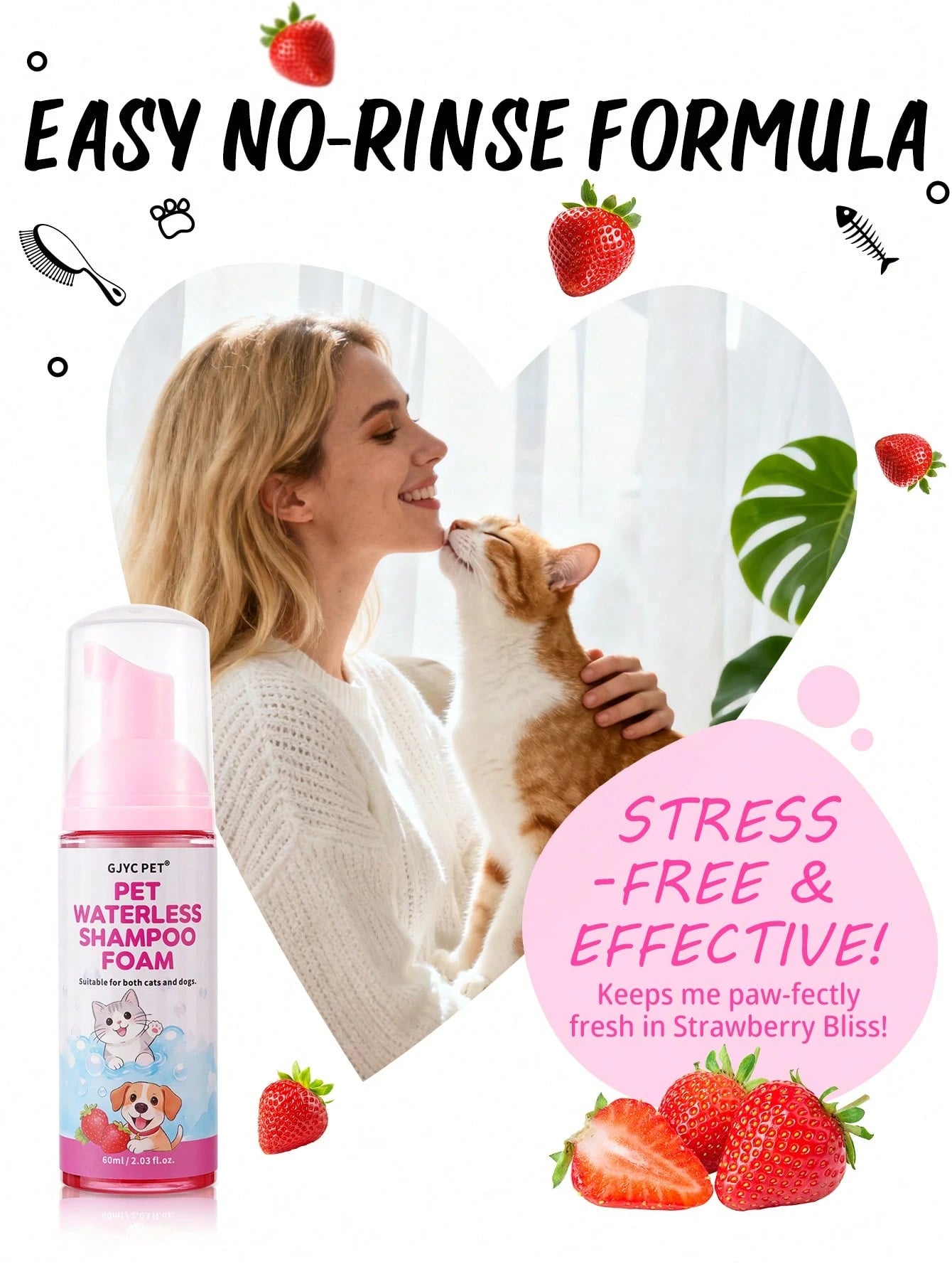 5-in-1 Waterless Pet Shampoo Mousse | Strawberry Scent for Dogs & Cats