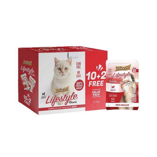 PRINCESS Lifestyle Chunks Complete Cat Food With Beef Value Pack 10+2