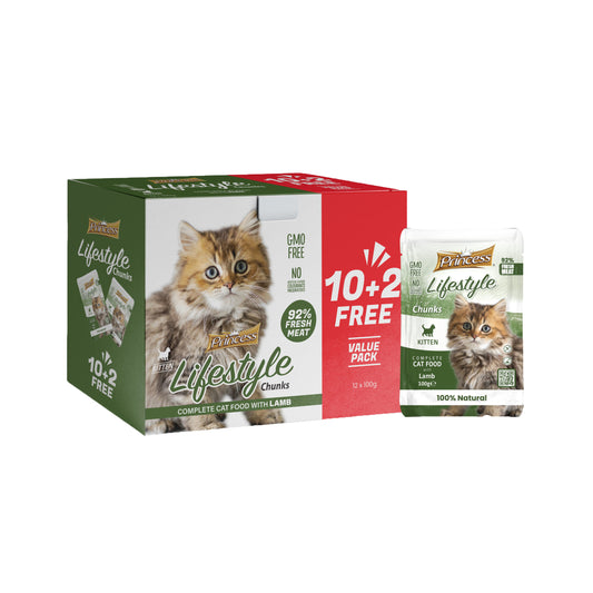 PRINCESS Lifestyle Chunks Complete Cat Food With Lamb For Kittens Value Pack 10+2