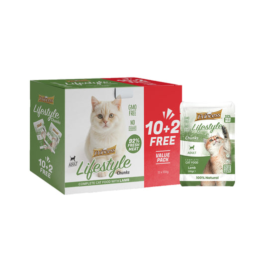 PRINCESS Lifestyle Chunks Complete Cat Food With Lamb Value Pack 10+2