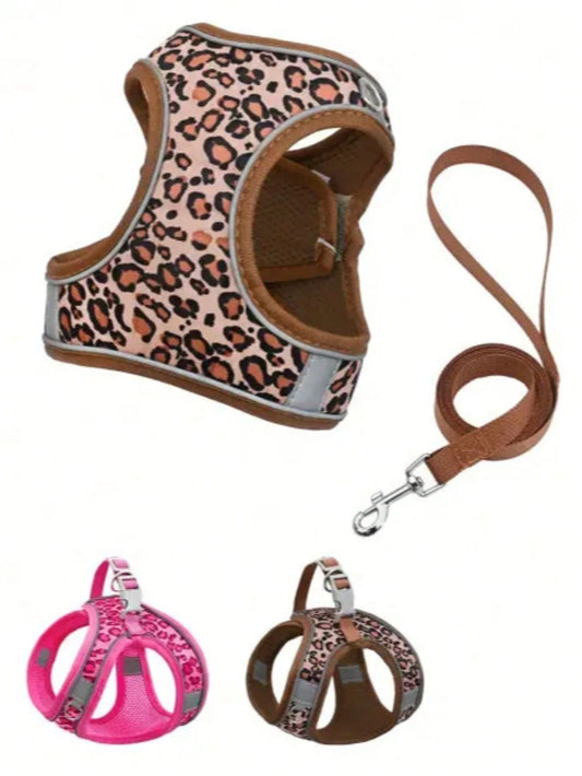 Leopard Print Cat & Dog Harness & Leash Set – Reflective Mesh