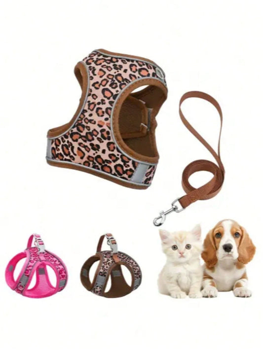 Leopard Print Cat & Dog Harness & Leash Set – Reflective Mesh