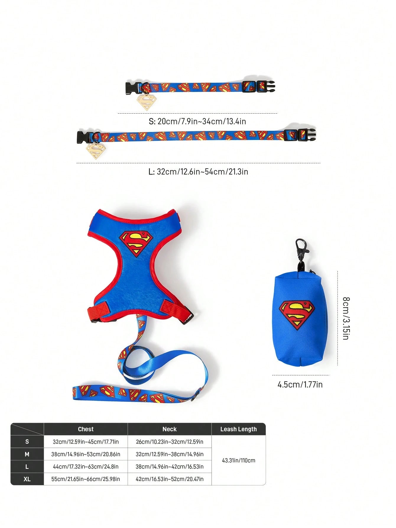 Superman Adjustable Pet Collar & Leash for Cats & Small Dogs