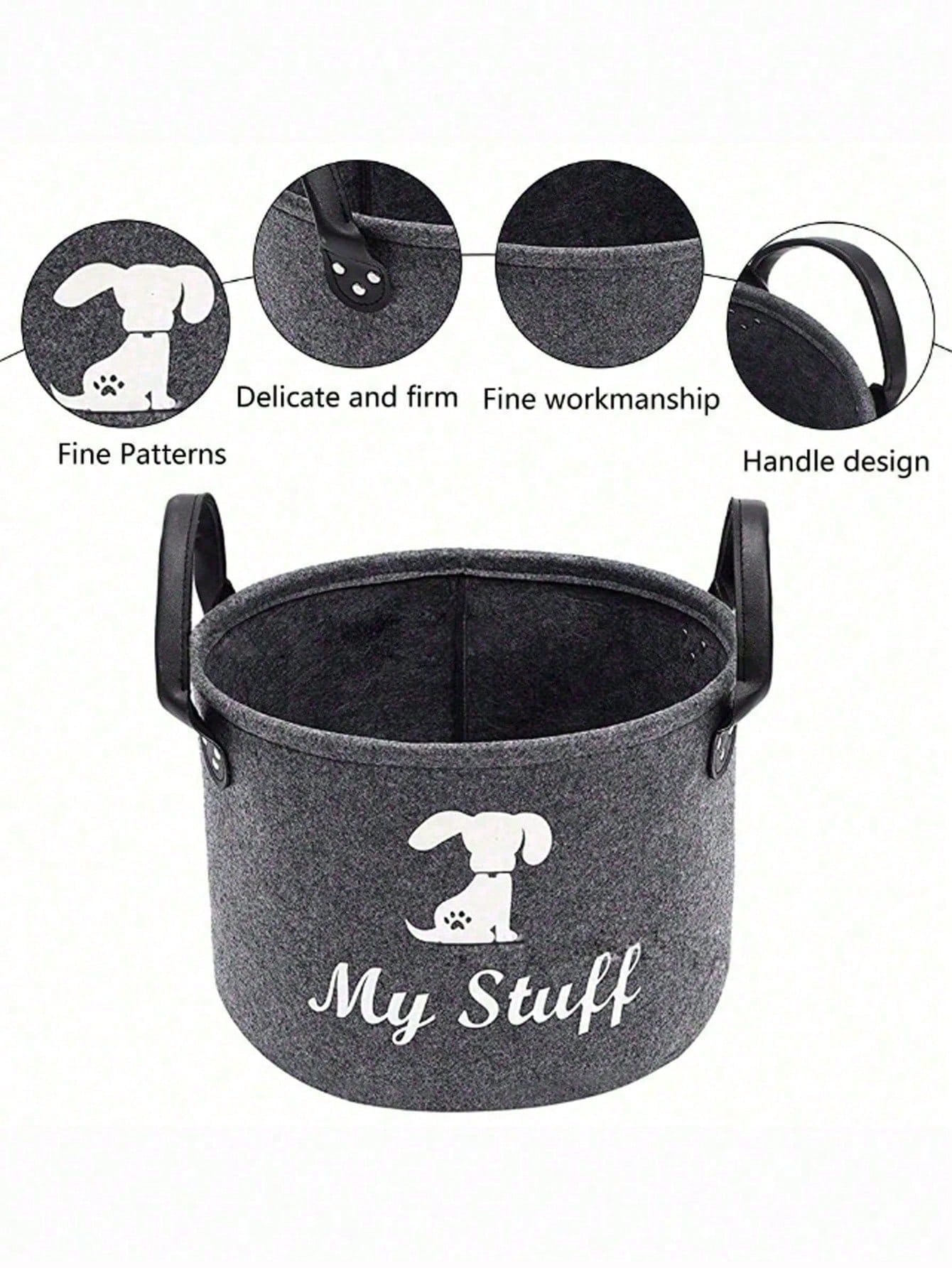 Grey Pet Toy Storage Basket with Handle | Dog Toy Organizer
