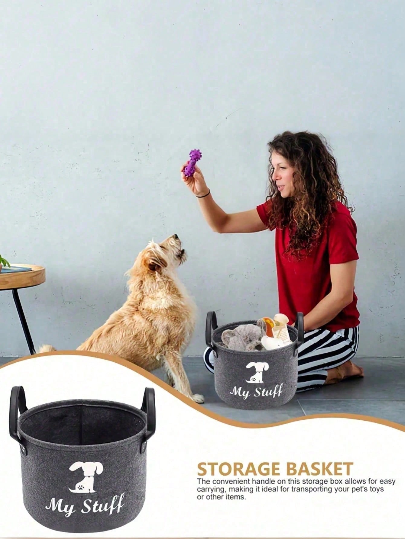Grey Pet Toy Storage Basket with Handle | Dog Toy Organizer
