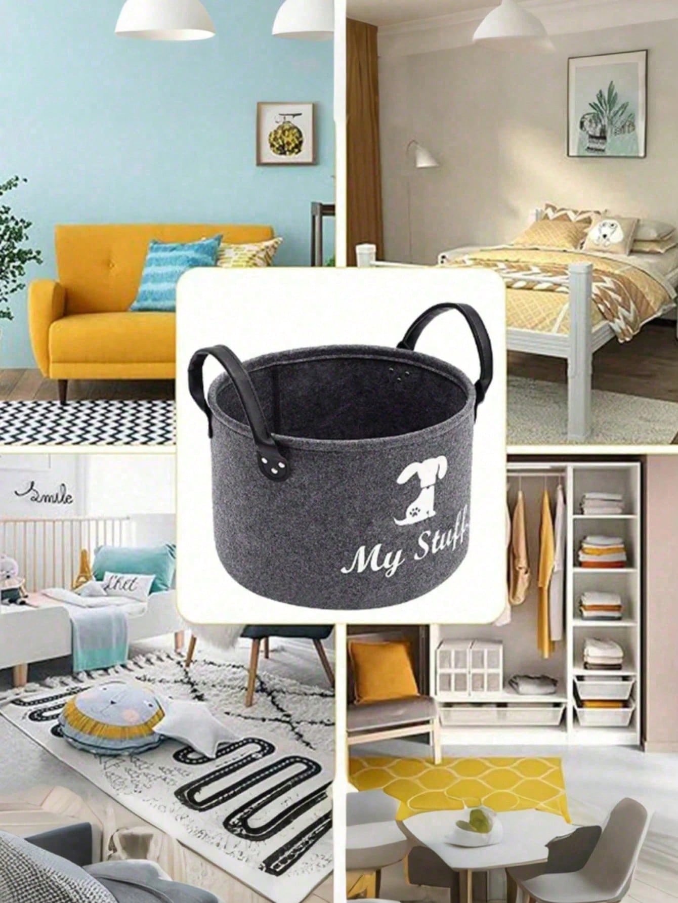 Grey Pet Toy Storage Basket with Handle | Dog Toy Organizer