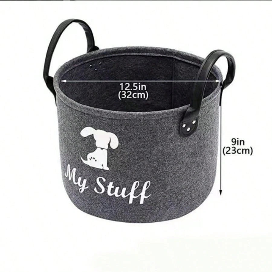Grey Pet Toy Storage Basket with Handle | Dog Toy Organizer