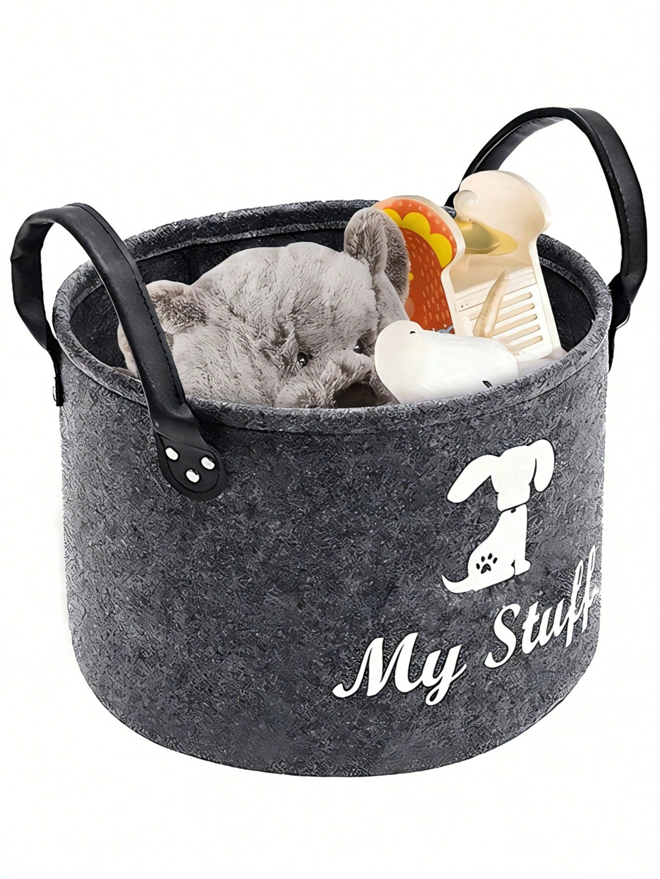 Grey Pet Toy Storage Basket with Handle | Dog Toy Organizer