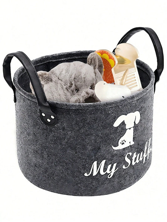 Grey Pet Toy Storage Basket with Handle | Dog Toy Organizer