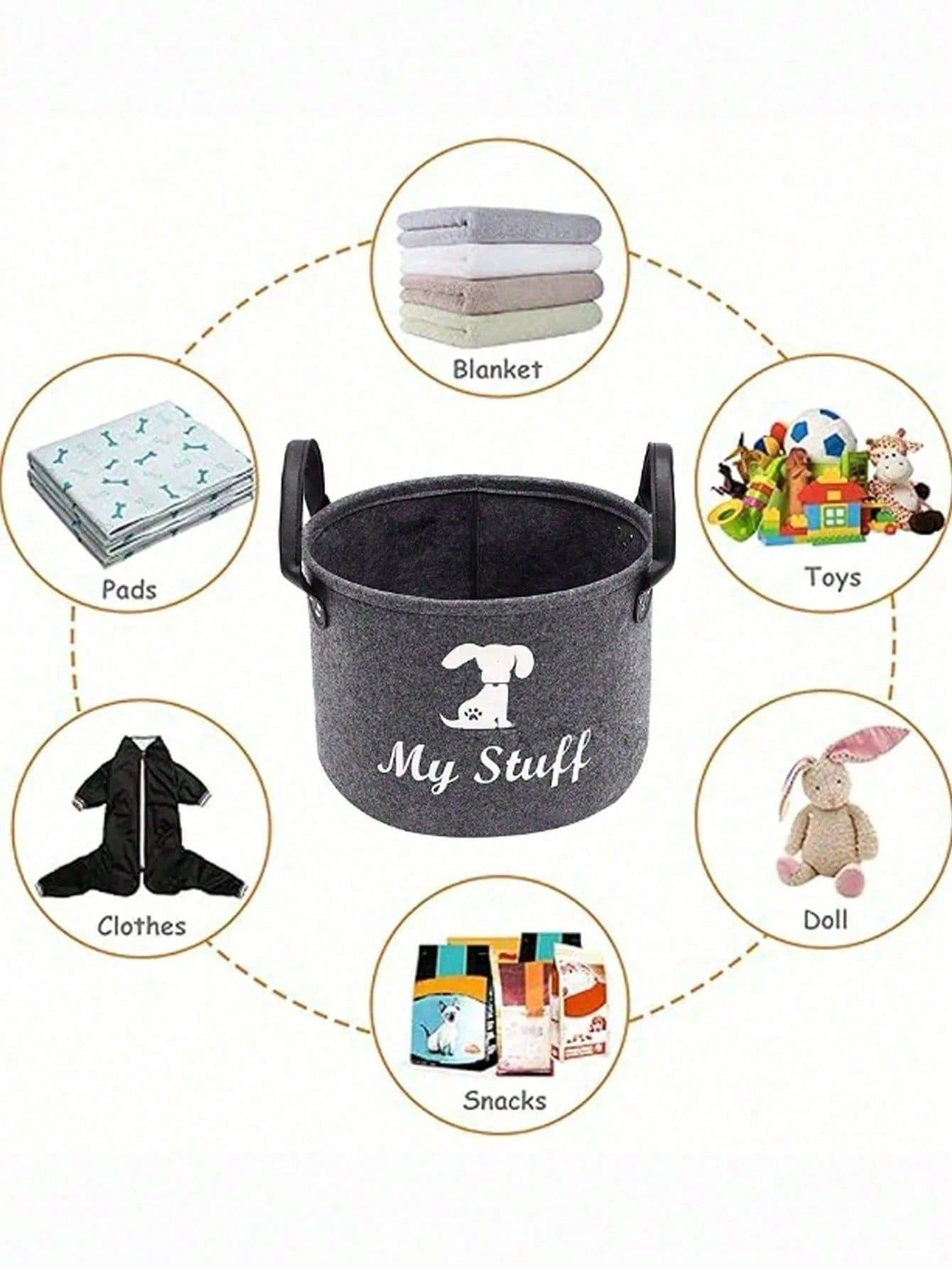 Grey Pet Toy Storage Basket with Handle | Dog Toy Organizer