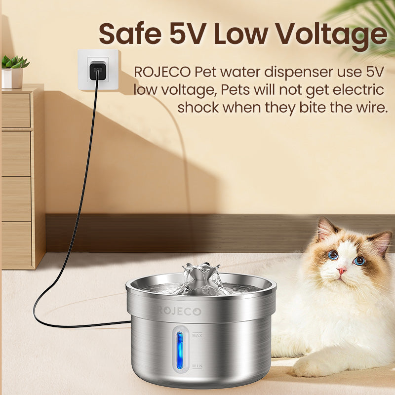 ROJECO 2L Stainless Steel Pet Water Fountain | Quiet & Filtered