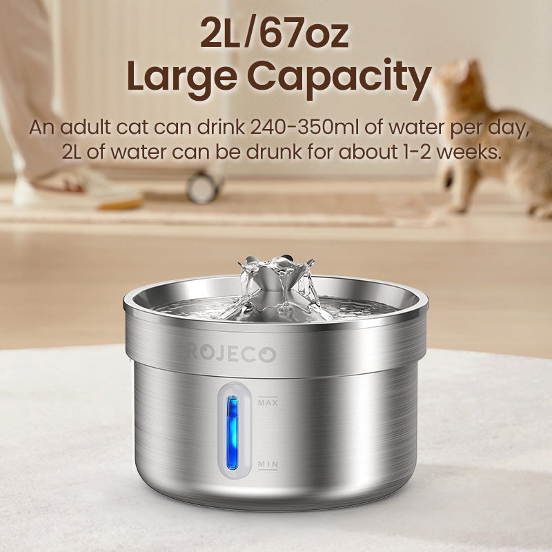ROJECO 2L Stainless Steel Pet Water Fountain | Quiet & Filtered