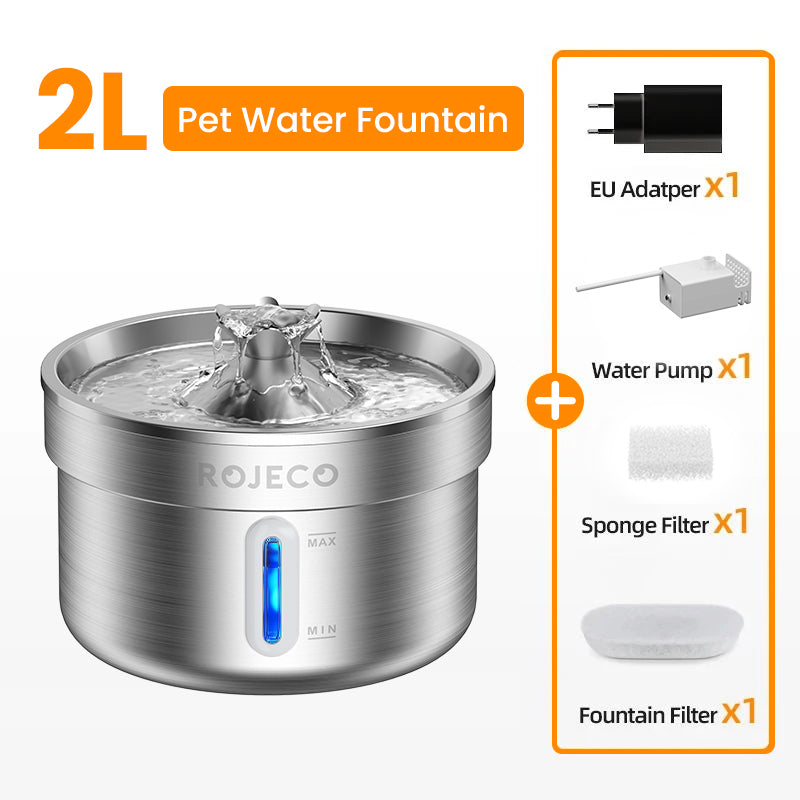 ROJECO 2L Stainless Steel Pet Water Fountain | Quiet & Filtered