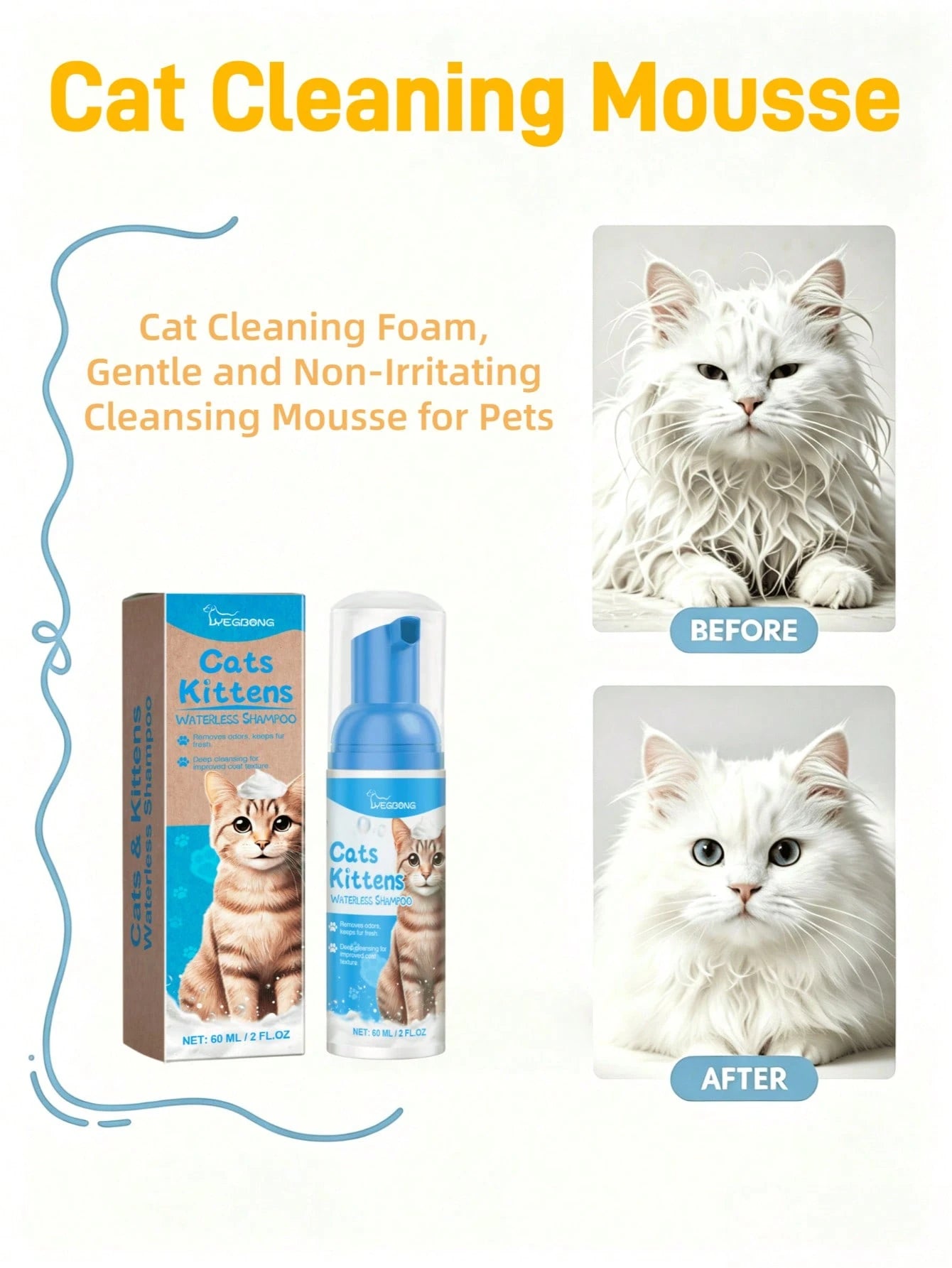 Waterless Cat Cleaning Mousse | Gentle No-Rinse Foam Cleanser