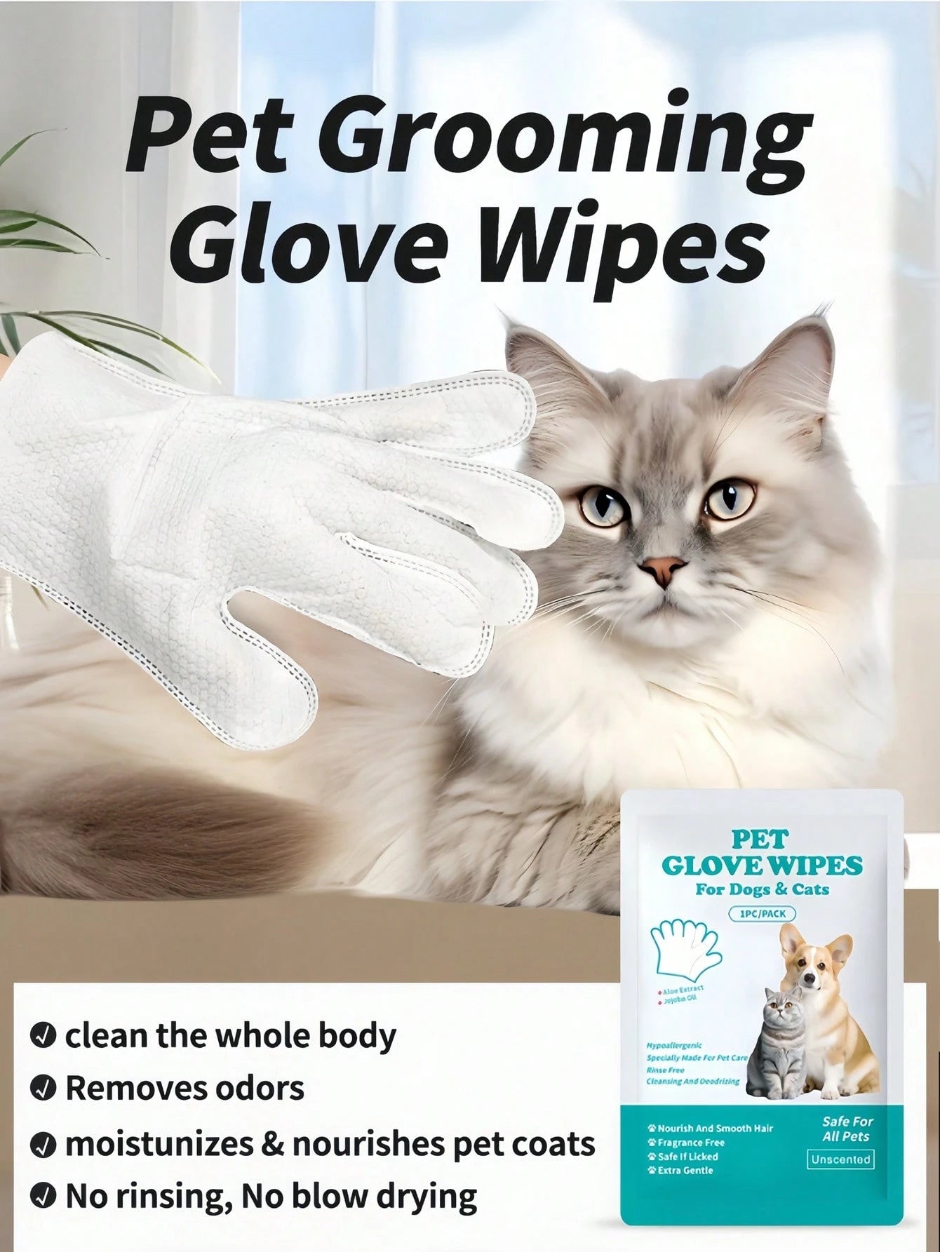 Pet Grooming Wipes Gloves | No-Rinse Cleaning for Cats & Dogs (6 pieces per pack)